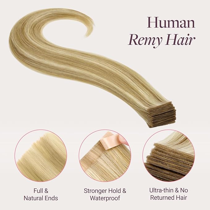 GOO GOO Genius Tape in Hair Extensions, Hand Tied Tape Weft, 16/22 Light Blonde Highlighted Golden Blonde, 18inch 50g 20pcs, Remy Human Hair, Seamless Invisible Tape, Natural Blend, Lightweight