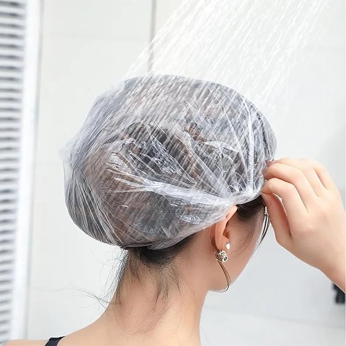 200 PCS Disposable Shower Caps – Large, Thickened & Waterproof Plastic Hair Bath Caps for Women & Men – Reusable Travel Essentials for Spa, Hotel, Salon, Home & Deep Conditioning (18.1 Inches, Clear)