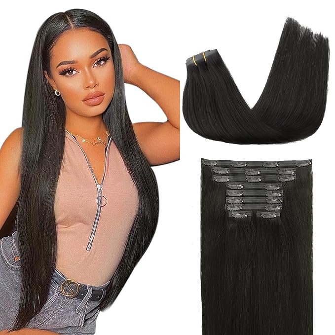 Lashey Seamless Clip in Human Hair Extensions 130g 9pcs Remy Hair Extensions 100% Real Human Hair, Straight #1B Natural Black Clip in Hair Extensions Human Hair 18 Inch Smooth Hair Extension