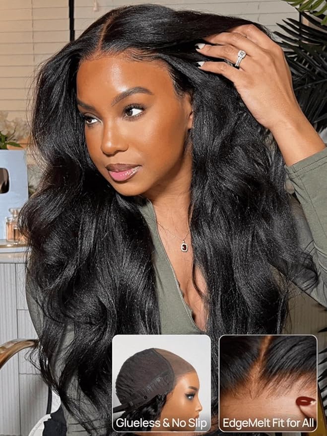Julia Hair No Slip Yaki Straight 7x5 Lace Closure Glueless Drawstring Wig Flexible Mesh Cap Bye-Bye Slip Pre Cut HD Lace Front Pre Everything Bleached Knots Wear and Go Wig,Zero Slip Hold 26 Inch