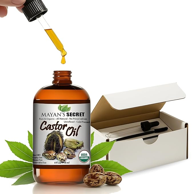 Mayan's Secret - Pure Cold-Pressed Castor Oil Organic Hexane-Free Unrefined 4 fl oz Glass Bottle – Natural Castor Oil for Hair Growth, Eyelashes, Eyebrows, Skin, Face & Body – USDA Certified