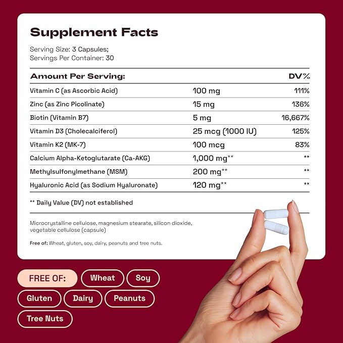 Hair Skin and Nails Supplement with Ca AKG | MSM | Hyaluronic Acid | Biotin | Vitamin C & Vitamin D3 K2 – Supports Radiant Skin, Promotes Shiny Hair & Strong Nails – 90 Capsules (1 Pack)