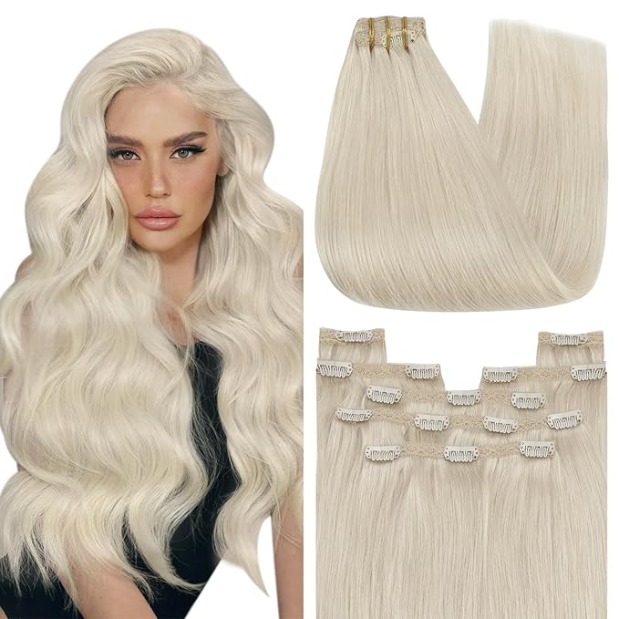 YoungSee Blonde Clip in Hair Extensions for Short Hair Clip in Human Hair Extensions Platinum Blonde Real Human Hair Clip ins Extension Silky Straight for Short Hair 12In 80G 7Pcs