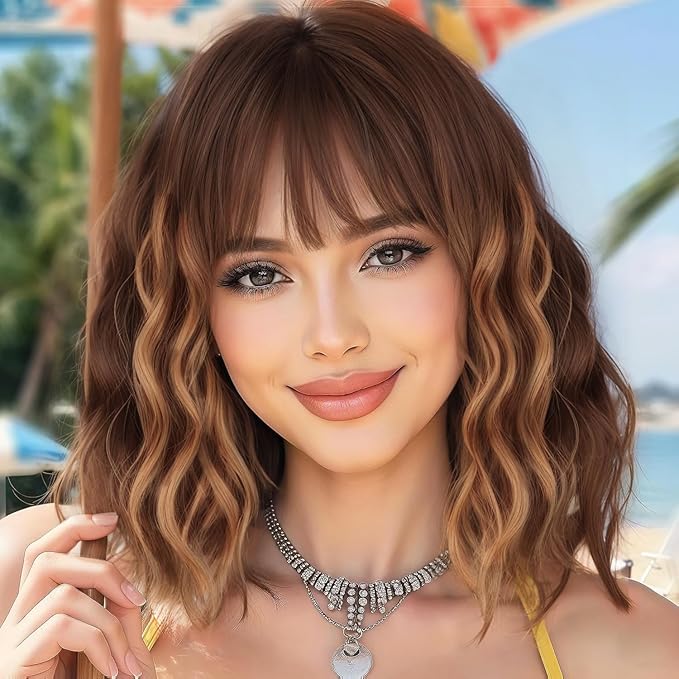 AISI HAIR Curly Bob Wig with Bangs Ombre Brown Mix Blonde Color Short Wavy Wigs for Women Bob Style Synthetic Heat Resistant Bob Wigs