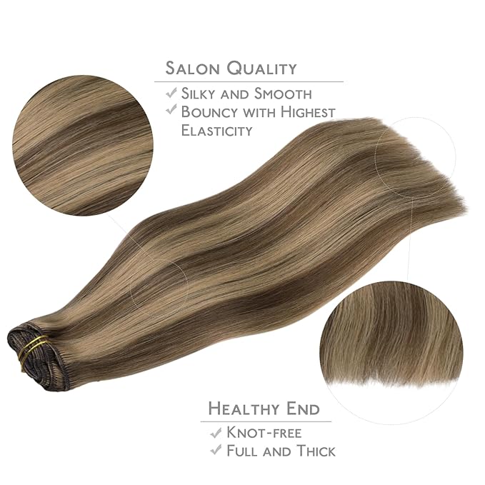 WENNALIFE Clip in Hair Extensions Real Human Hair, 16 Inch 120g 7pcs Remy Hair, Balayage Chocolate Brown to Caramel Blonde Hair Extensions Clip In Real Hair Coloured