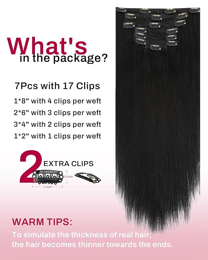 Moresoo 24 inch Hair Extensions Clip in Human Hair Black Remy Double Weft Human Hair Clip in Extensions Straight Hair Extensions for Women Natural Black #1B 7pcs 120g