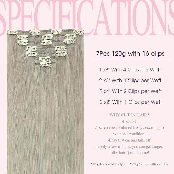 PINKPEARL Clip in Hair Extensions Real Human Hair, 22 Inch 120g 7pcs #1000 Gray Blonde Human Hair Extensions Clip Ins, Remy Hair Clip ins(#1000-22)