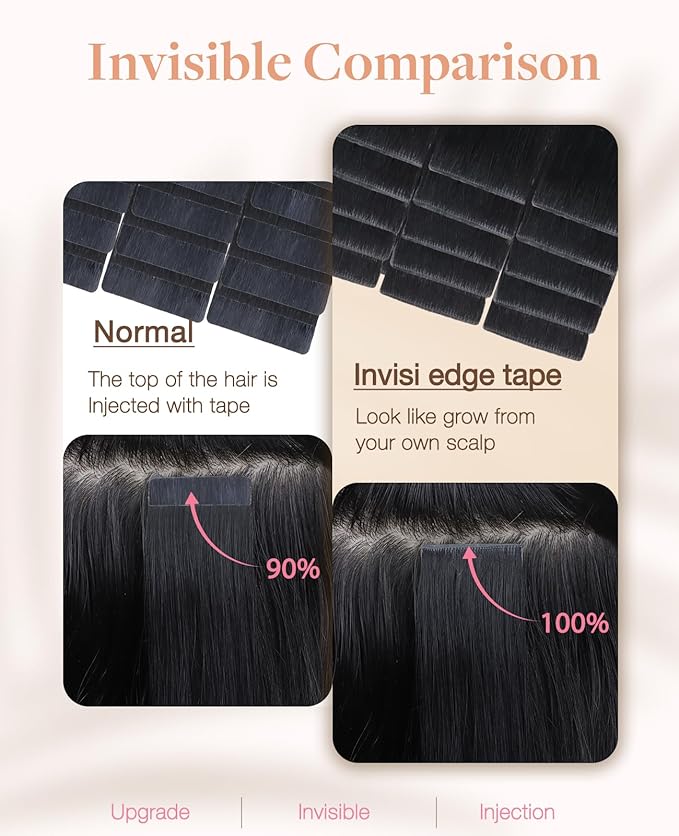 GOO GOO Invisi Edge Tape in Hair Extensions Human Hair, 1 Jet black 20pcs injected with 20pcs classical tape ins, 16inch 100g, Virgin Remy Hair, Natural Look