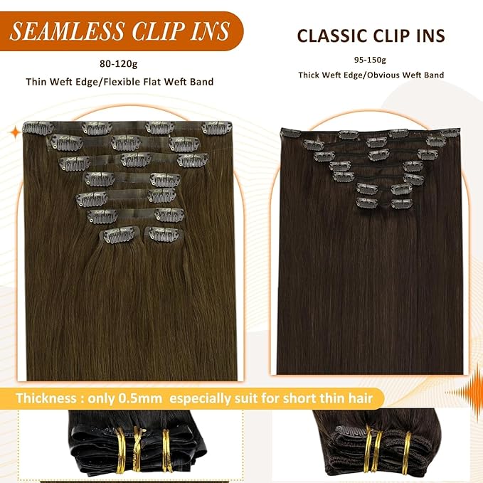 Full Shine Seamless Hair Extensions Clip in Brown Clip in Hair Extensions Medium Brown Human Hair Clip ins PU Weft Long Hair Add Volume 20 Inch 8 PCS 120 G