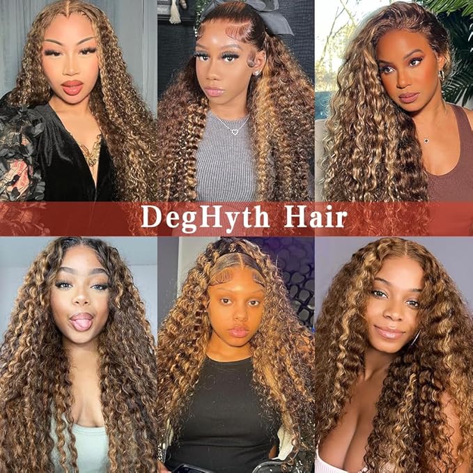 Highlight Ombre 13x6 Lace Front Wig Human Hair Deep Wave Honey Blonde Glueless HD Transparent Lace Frontal Wigs for Women 180 Density Human Hair (highlight ombre deep wave, 26 inch)