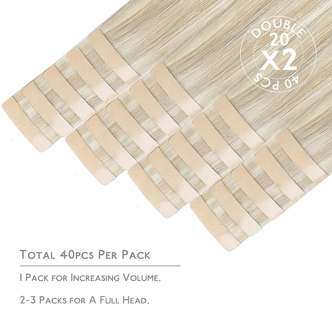 WENNALIFE Tape in Hair Extensions Human Hair, 40pcs 120g 26 inch Ash Blonde Highlighted Platinum Blonde Remy Hair Straight Tape in Extensions Invisible Reusable Real Hair Extensiones De Cabello Humano