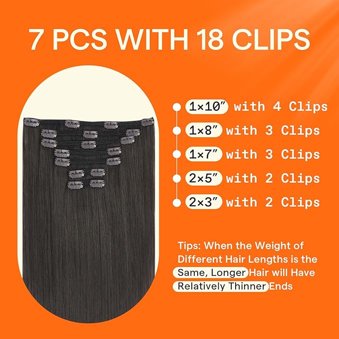 Full Shine Real Hair Extensions Clip in Human Hair Natural Black Tea Human Hair Clip ins for Fine Hair 20 Inch 120 G 7 Pcs