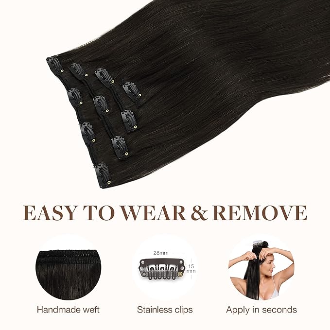 GOO GOO Clip in Hair Extensions Real Human Hair, Remy Human Hair Extensions Clip ins for Women, Natural Human Hair, 18inch 70g 4Pcs, 2 Dark Brown