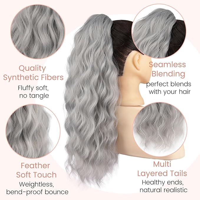 Ponytail Extension, 18 Inch Claw Clip Ponytail Extensions Curly Wavy Ponytail Hair Extension Jaw Clip on Pony Tails Hairpiece for Women Fluffy Natural Synthetic for Daily Use (Silver Grey)