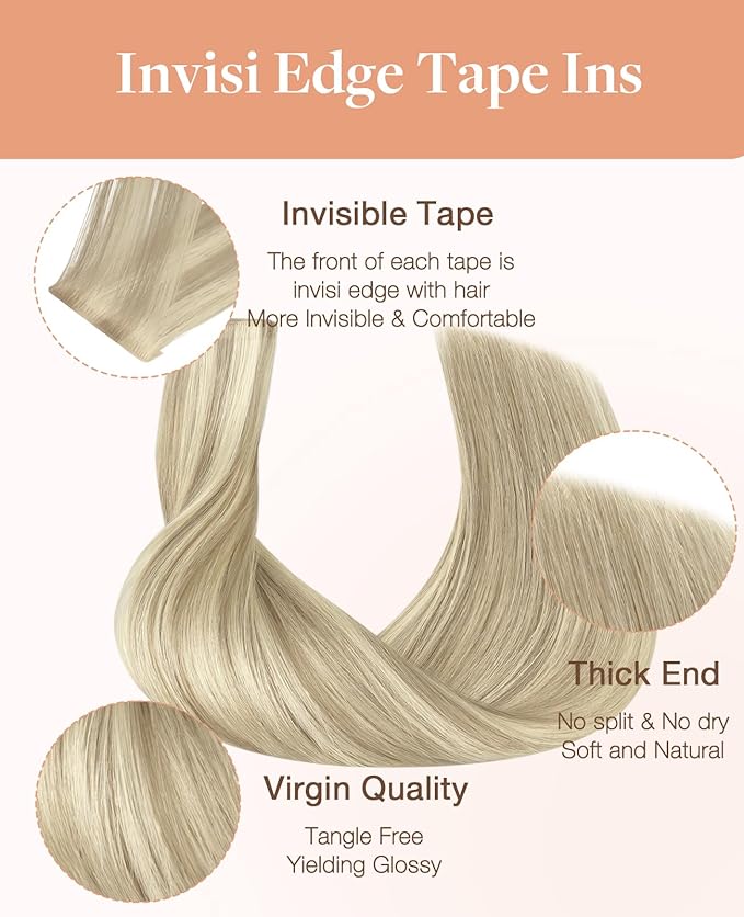 GOO GOO Invisi Edge Tape in Hair Extensions Human Hair, 17A/60A Ash Blonde Highlighted Platinum Blonde, 20pcs 14inch 50g, Virgin Remy Hair, Seamless Injected Tape, Natural Look