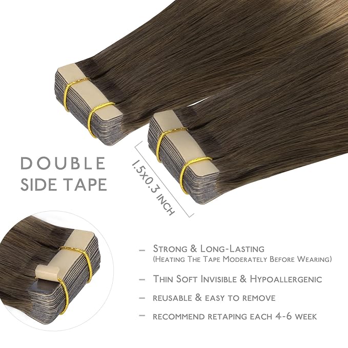 WENNALIFE Tape in Hair Extensions Human Hair, 20pcs 40g 12 inch Ombre Walnut Brown to Ash Brown and Bleach Blonde Remy Hair Extensions Straight Human Hair Tape in Extensions Skin Weft Tape Extensions