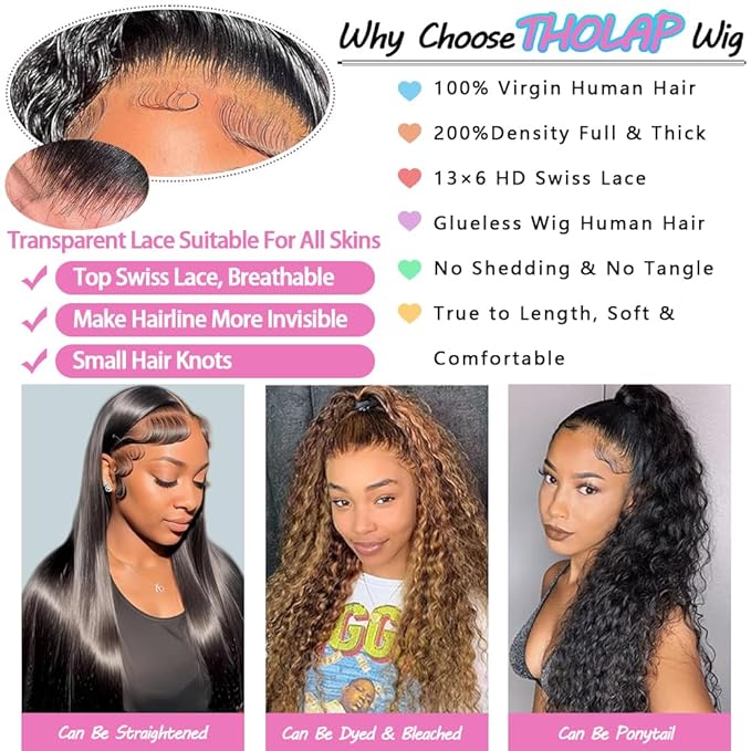 24 Inch 13x6 Deep Wave Lace Front Wigs Human Hair 200 Density 13x6 HD Lace Front Wigs Human Hair Pre Plucked Deep Curly Glueless Wig 100% Virgin Human Hair Lace Front Wigs for Women
