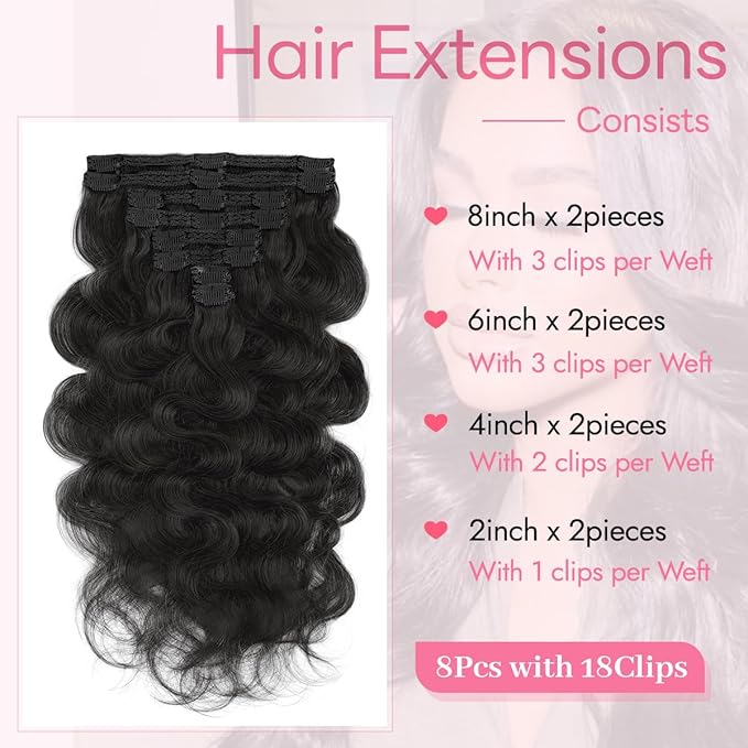 Clip in Hair Extensions Real Human Hair Body Wave 1 Jet Black Clip in 100% Brazilian Remy Human Hair Extensions 8pcs Per Set with 18 Clips Double Weft 24 Inch 120g/3.6oz