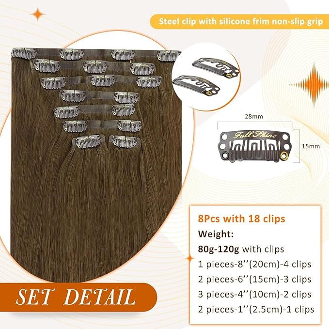 Full Shine Clip in Hair Extensions Real Human Hair Brown Seamless Hair Extensions Clip in with PU Weft Remy Human Hair Medium Brown Softness 18 Inch 8 PCS 120 G