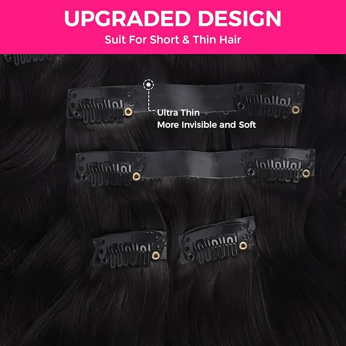 Lashey Seamless Clip in Hair Extensions Human Hair 9pcs Body Wave #1 Jet Black 150g 24 Inch Clip in Hair Extensions with PU Soft Invisi Edge for Women