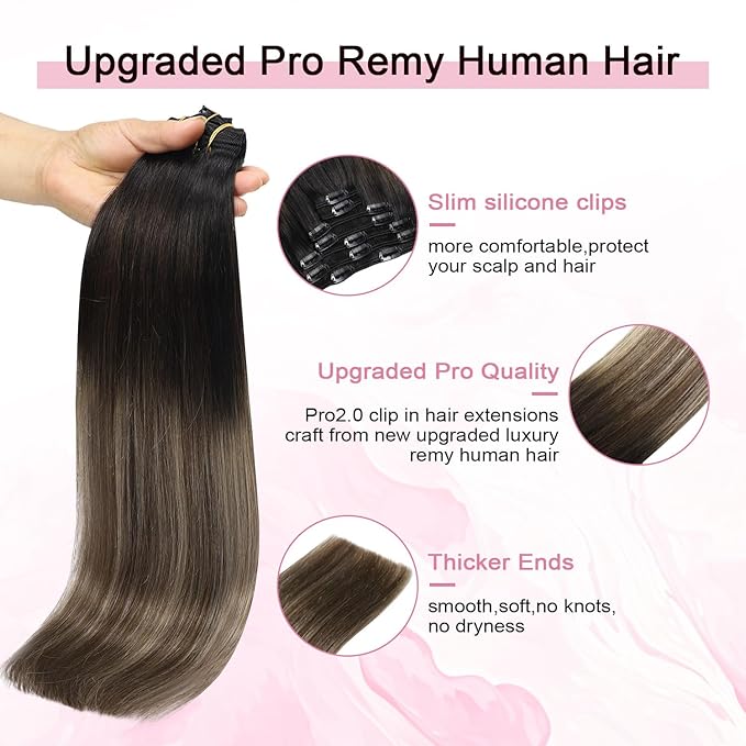 Pro2.0 Clip in Hair Extensions Real Human Hair 120g Thick 7pcs #1b/4/27 Natural Black to Chocolate Brown and Caramel Blonde Remy Real Human Hair Extensions Clip ins 14inch（#1b/4/27-14inch）
