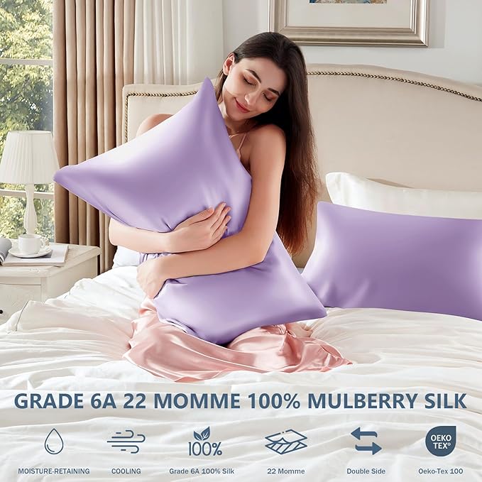 Silk Pillow Cases 2 Pack Queen Size Mulberry Silk Pillowcase Set of 2 for Hair and Skin 30 x 20 Inches 22 Momme Both Side Grade 6A Silk Soft Breathable Cooling with Hidden Zipper, Lavender