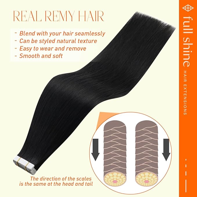 Full Shine Invisible Tape in Hair Extensions Color 1 Jet Black Real Human Hair Extensions Tape in 10 Inch Seamless Tape ins Human Hair Extensions 20 Pcs 30 Grams Soft Remy Hair Extensions Straight