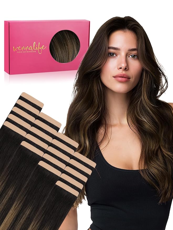WENNALIFE Fuller Tape in Hair Extensions Human Hair, 18 inch 20pcs 80g Balayage Dark Brown Mixed Chestnut Brown Remy Hair Straight Tape in Extensions Skin Weft Tape Ins Extensiones De Cabello Humano
