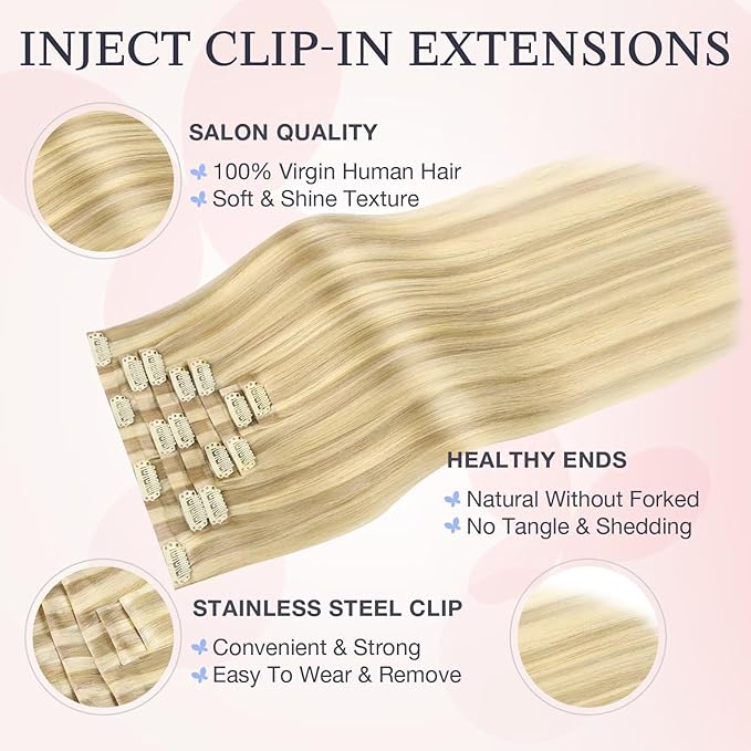 DOORES Clip in Hair Extensions Real Human Hair 14 inch 110g 7pcs Invisible Human Hair Extensions Clip ins, Injected Seamless PU Clipins Invisi Edge, P18D/22F Drity Blonde Highlight Golden Blonde