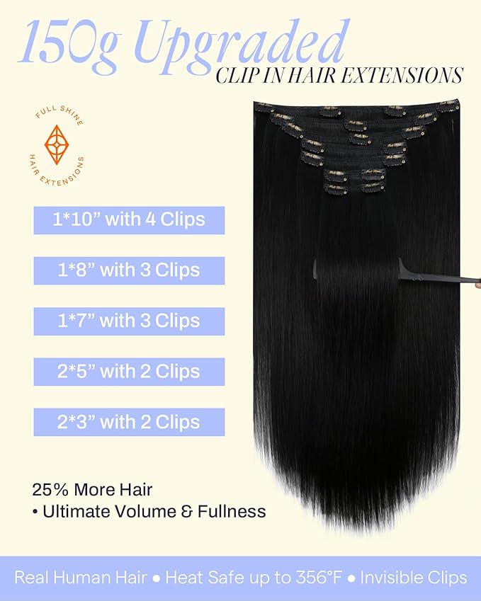 Full Shine Clip on Hair Extensions for Women Black 150 G Clip in Extensions Real Human Hair for Black Women Real Human Hair Extensions 20 Inch 7 Pcs