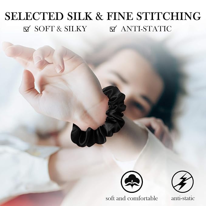 Black Silk Scrunchies for Women 100% Mulberry Silk Hair Ties for Night Sleep Scrunchies for Girls No Damage & Frizz Prevention for Hair Hair Accessories-3pack