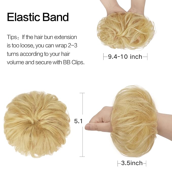 FESHFEN Human Messy Buns - 100% Human Hair Bun Real Scrunchies Hair Pieces Ponytail Extensions Wavy Tousled Updo Chignon Hairpieces for Women, Light Blonde