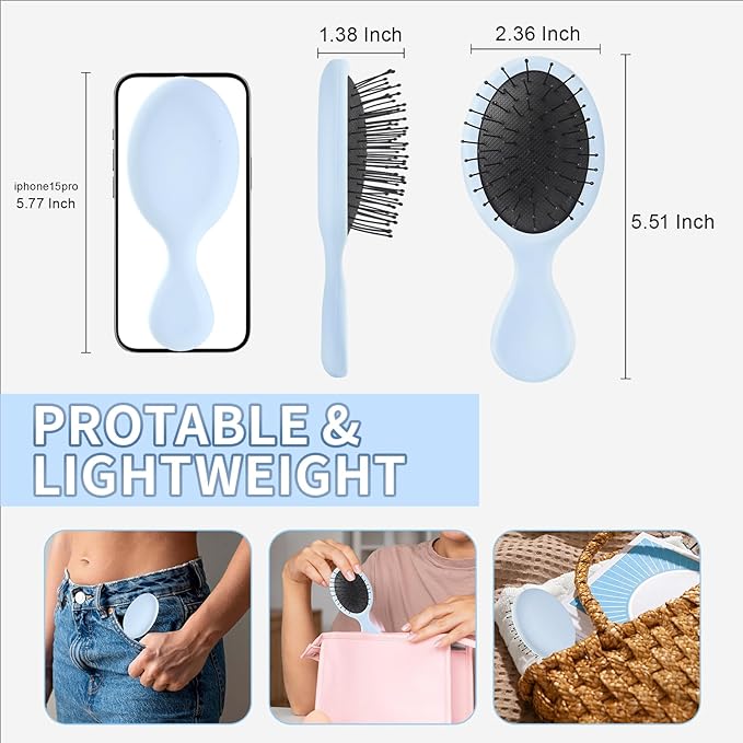 Mini Hair Bursh for Kids Women and Men, Protable Travel Size Hair Brush for Pockets Purse backpack,Mini Detangler Brush for All Hair Types, Small Hair Brush for Detangling(1 Pack-Blue)