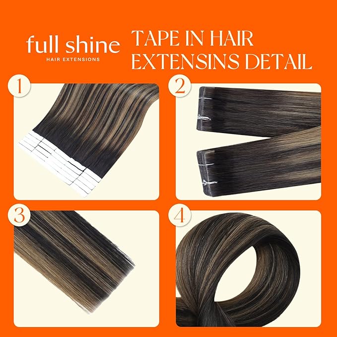 Full Shine Invisible Tape in Hair Extensions Invisi Edge 14Inch Color 2 Fading to 8 Ash Brown Highlight 2 Darkest Brown Balayage Human Hair Tape in Extensions 40Grams 20Pcs Add Volume for Party