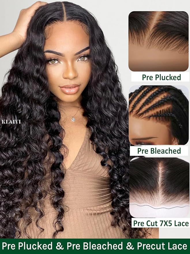 KLAIYI Water Wave Bye Bye Knots Glueless Wig Human Hair 7x5Precut Lace Front Pre Plucked Bleached Wear and Go Wig with Curly Baby Hair Drawstring 3S Ready to Go Pre Everything Beginner Friendly 28Inch