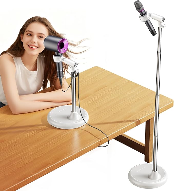 Hands Free Adjustable Hair Dryer Stand, 17-51in Height & 360° Swivel, for Countertop and Floor Use, Heavy-Duty Blow Dryer Holder with Hook, Fits Most Hair Dryers for Home, Vanity, Bathroom