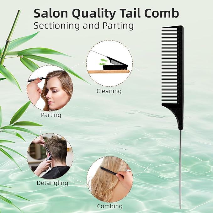 Boar Bristle Slick Back Hair Brush, Teasing Hair Brush with Black Carbon Fiber and Stainless Steel Tail Comb, Slick Hair Brush Set for Parting and Sectioning, Suitable for All Styling