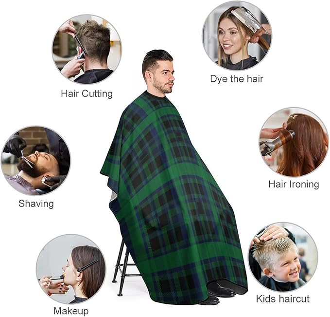 Full Coverage Professional Salon Cutting Barber Hairdressing Cape, Dyeing Salon Apron Green Scottish Tartan Plaid Check Hair Cutting Cloak for Hair Cutting Styling