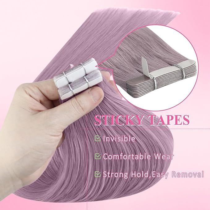 YoungSee Tape in Hair Extensions Real Human Hair Purple 18In Human Hair Tape in Extensions Lavender Invisible Tape on Hair Extension 10pcs Light Purple for Cosplay 25g