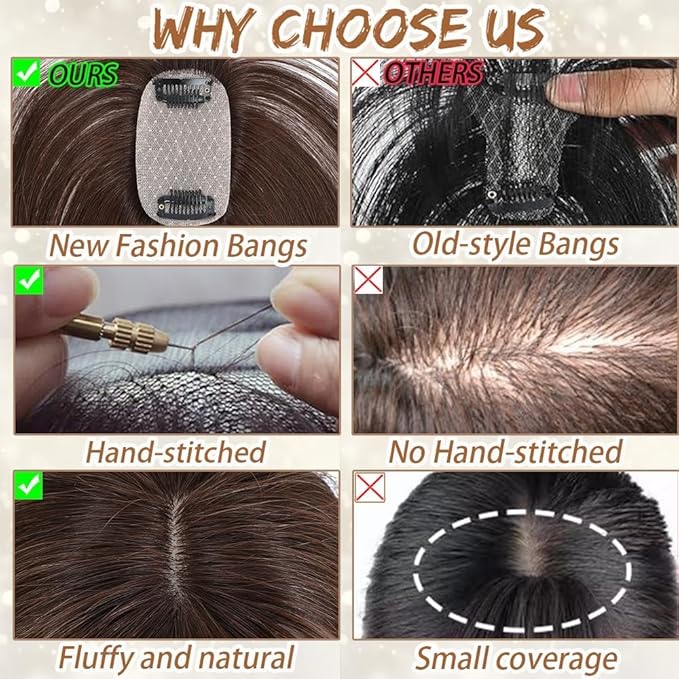 Amchoice Hair Toppers for Women Real Human Hair, Bangs Hair Clip 360° 3D Cover Bangs, Human Hair Toppers for Women Daily(Black, 3D Side Bangss (5 * 9))