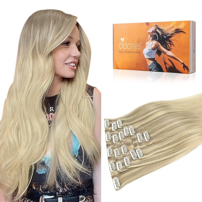 DOORES Clip in Hair Extensions, Ash Blonde to Golden Blonde and Platinum Blonde 14 Inch 130g 7pcs, Seamless Clip in Hair Extensions Natural Straight Hair Thin Weft Invisi Edge Hair Extensions