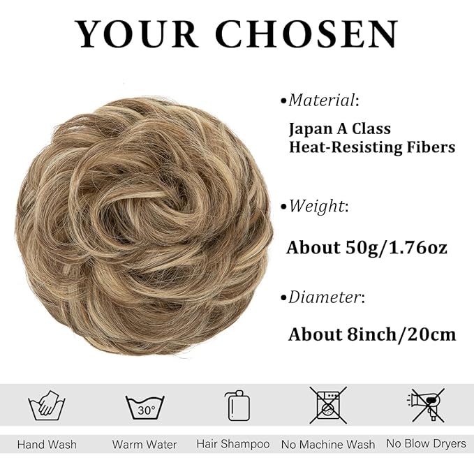 CJL HAIR Large Messy Bun Hair Piece Wavy Curly Scrunchies Synthetic Chignon Ponytail Hair Extensions Thick Updo Hairpieces for Women Bernstein