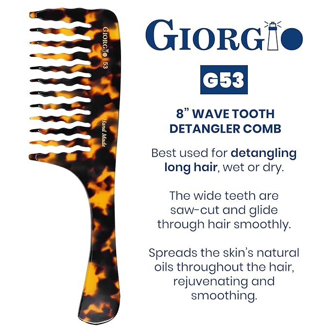 Giorgio G53 Wide Tooth Rake Comb for Curly, Thick Hair - Handmade Detangler for Wet and Dry Hair, Hand Polished (8")