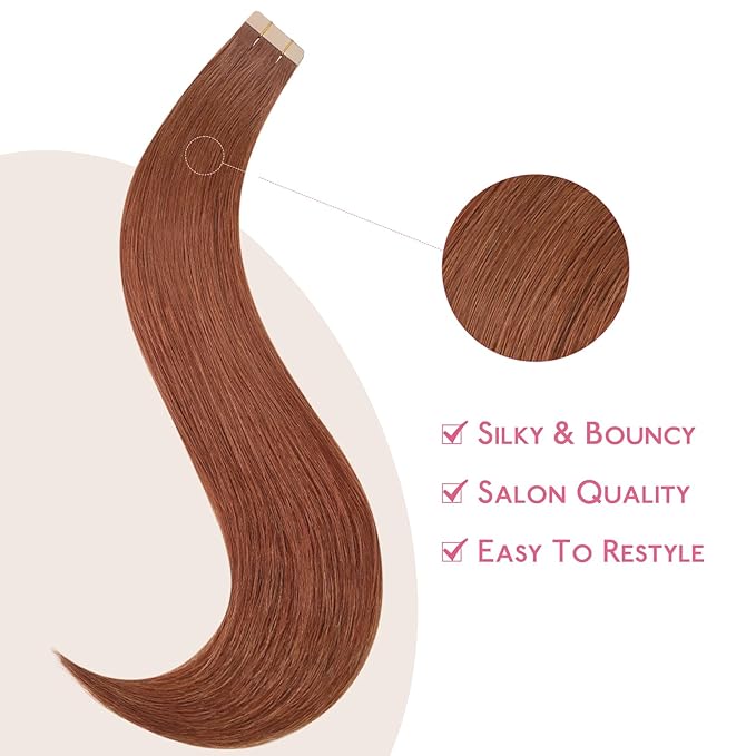 WENNALIFE Tape in Hair Extensions Human Hair Dark Auburn Copper Tape in Extensions, 10pcs 30g 24 inch Remy Invisible Tape Ins Straight Colored Soft Real Human Hair Tape in Extensions Refill Set Extens