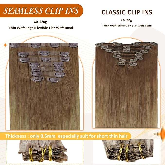 Full Shine Human Clip in Hair Extensions 22 Inch Light Brown 120G Hair Extensions Golden Brown to Ash Blonde Invisible Skin Weft Long Straight Hair for Women 8 PCS