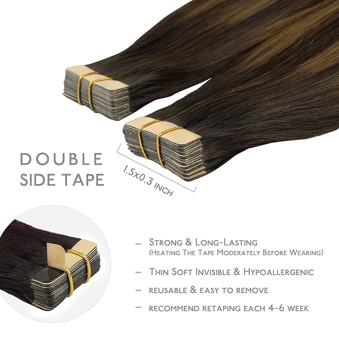 WENNALIFE Tape in Hair Extensions Human Hair, 20pcs 14 inch 50g Balayage Dark Brown Mixed Chestnut Brown Remy Tape Hair Extensions Real Human Hair Tape Extensions Coloured Hair Extensions