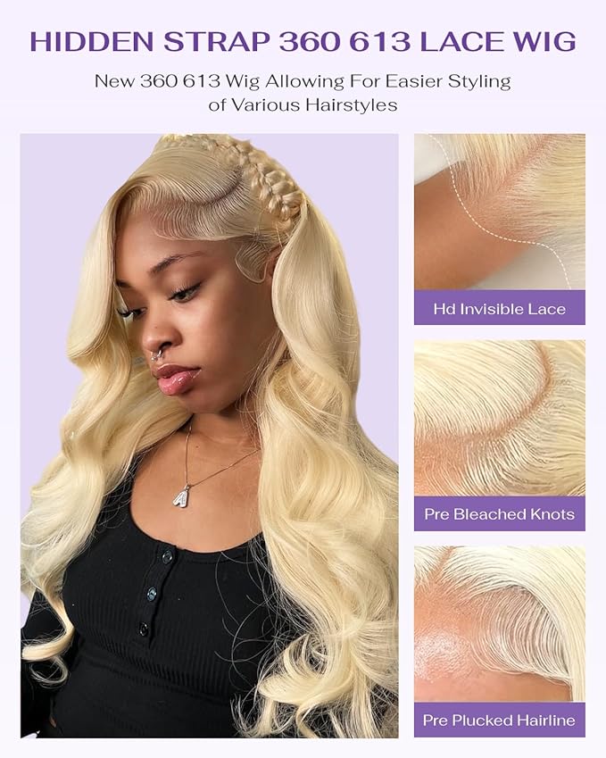 Hidden Strap Body Wave 360 613 Lace Front Wig Human Hair Glueless Wigs Human hair Pre Plucked Pre Bleached 180% Density Blonde Wig With Drawstring HD Full Lace Human Hair Wigs 34Inch