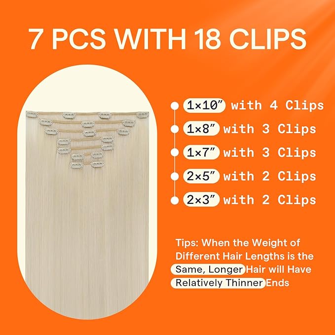 Full Shine Clip in Extensions Real Human Hair Blonde Extensions Clip in 16 Inch White Blonde Human Hair Extensions 7 Pcs 120 G