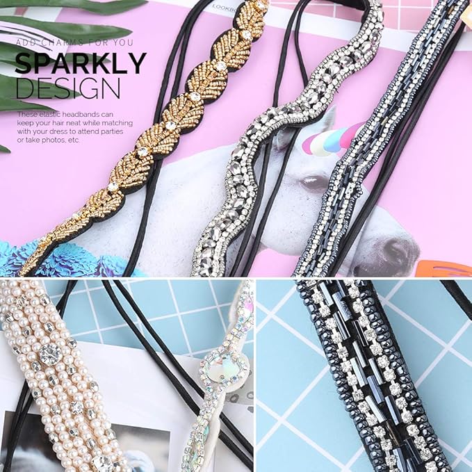 Teenitor 5pcs Rhinestone Beaded Headbands, No Slip Jeweled Head Wraps Women Girls Hair Headbands