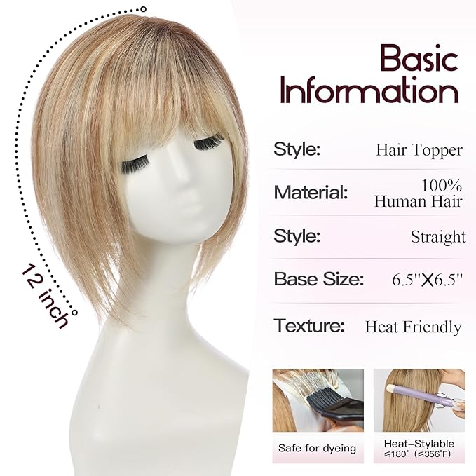 EMMOR 12 Inch Human Hair Topper for Women - Real Hair Topper with Bangs & 6.5" × 6.5" Larger Base, Natural Thin Hair Solution for Women(Ombre Blonde & Brown Highlight)